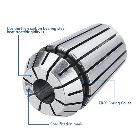 Heavy Duty ER40 Collet Chuck Holder For CNC Lathe Made With High Carbon Steel And Hardened To Rockwell 50 close-up view of ER20 spring collet.