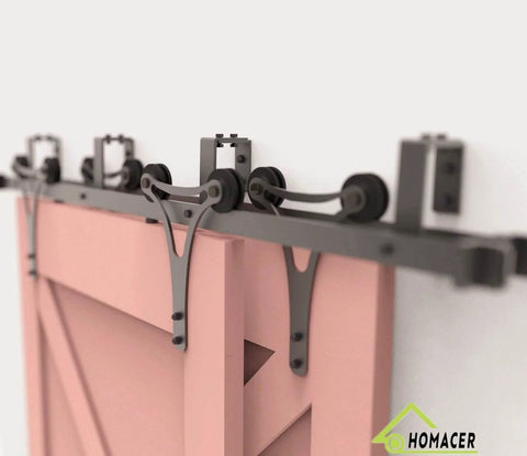 Side view of a Black Rustic Double Track U Shape Bypass Sliding Barn Door Hardware Kit For Two Doors Four And A Half Feet Long Flat Track With Horns Design Rollers Space Saving Industrial Farmhouse Vibe.
