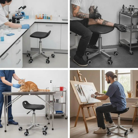 Straight Up Heavy Duty Stainless Steel Swivel Stool With Smooth Rolling Casters Built Tough For Garage Shops Salon Stations Or Industrial Cleanroom Workspaces And Rock Solid Round Seat Platform used in lab, tattoo, vet, and art spaces.