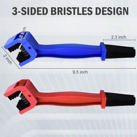 Blue and red bike and motorcycle chain cleaning brush set, dual color, 3-sided bristles, 10 inch total length, maintenance tool.