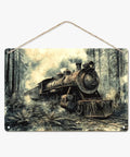 Rusty Steam Locomotive Wooden Hanging Sign Vintage Rustic Wall Plaque showing train in misty forest, 8x12 inch for cozy decor