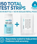Top Shelf 7 In 1 Pool Spa And Hot Tub Test Strips 150 Count Water Chemistry Kit in bottle with refill pouch.