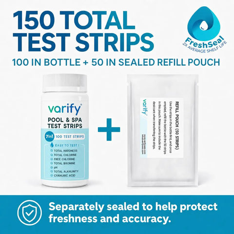 Top Shelf 7 In 1 Pool Spa And Hot Tub Test Strips 150 Count Water Chemistry Kit in bottle with refill pouch.