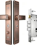 Heavy Duty Bronze Entry Door Handle Lock Set With Double Sided All Copper Anti Theft Cylinder For Residential Front Or Back Doors Boss Level Security And Easy Install Durable Die Cast Lever Hardware displayed in front and side view