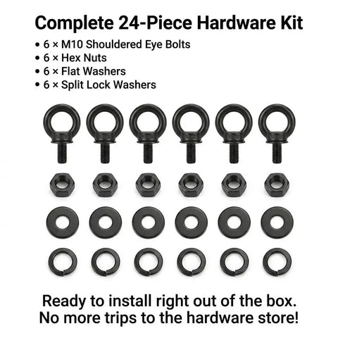 Beefy 6 Pack M8 X 0.55 Inch Stainless Steel Eye Bolts With Nuts And Lock Washers, Black Shouldered Lifting Kit shown in complete set