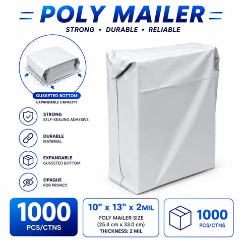 Heavy Duty 1000 Pack Poly Mailers 10x13 Inches Waterproof Self Seal Shipping Envelopes with gusseted bottom and durable material