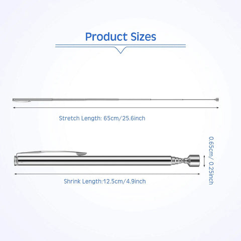 12 Piece Telescoping Magnet Pickup Tools Set with size dimensions; 65cm extended, 12.5cm retracted; pocket clip attached.