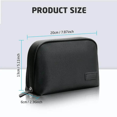 Road Ready Everyday Carry Tech Organizer Bag For Cable Cords And Charger Gear Hard Shell Case dimensions showing 20cm x 13cm x 6cm black pouch.