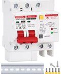 Heavy Duty Ground Fault Circuit Breaker With Integrated Voltage Surge Arrester Protection mounted on DIN rail, includes connectors.