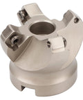 Face mill CNC milling cutter with four flutes and central bore, angled front view, silver metal