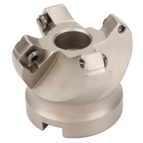 Angled front view of a silver 4-flute face milling cutter with central bore and screw pockets
