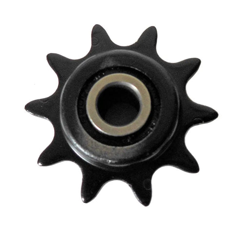 Drop Right In Heavy Duty 10 Tooth Idler Sprocket Roller Built Tough For Number 40 And 41 Chain With Three Eighth Inch Pitch and no sweat alignment setup. View of the roller sprocket.