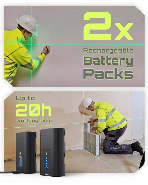 Construction worker using 3D Laser Level Self Leveling 360 Degree Green Beam Cross Line for Picture Hanging, two rechargeable batteries