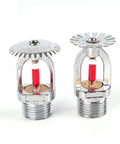 Heavy Duty Five Pack of 68 Degree Quick Response Fire Sprinkler Heads No Drama Concealed Ceiling Setup for Commercial Areas Smooth Pendent Upright Install Top Shelf Quality. Two chrome fire sprinkler heads with red glass bulbs.