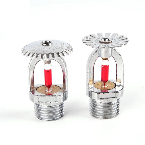 Heavy Duty Five Pack of 68 Degree Quick Response Fire Sprinkler Heads No Drama Concealed Ceiling Setup for Commercial Areas Smooth Pendent Upright Install Top Shelf Quality. Two chrome fire sprinkler heads with red glass bulbs.