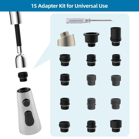 Premium Stainless Steel Faucet Head Replacement With Three Spray Modes And Brushed Nickel Finish Universal Kitchen Attachment Kit showing 15 adapter fittings.
