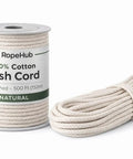 All Purpose Cotton Sash Cord Rope With Built Tough Reinforced Core And Thick Cotton Cover, spool and coiled view, 500 ft natural.