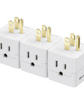 3 Pack White 90 Degree Wall Outlet Extender That Turns One Socket Into Three Extra Plugs Ideal For Cramped Spaces And Dorm Digs. Close-up view.