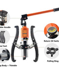 Heavy Duty Hydraulic Gear Puller Tool Kit with Wheel Bearing Separator showing parts labeled for auto repair