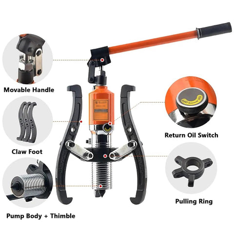 Hardcore Hydraulic Gear Puller Tool Kit Plus Wheel Bearing Separator Set Removes Gears Bushings Pulleys Vertically Or Horizontally With 5 Ton Capacity For Auto Repair Shops Mechanics Need Reliable Tough Tools To Yank Out Stuck Parts Fast, orange steel pump with claw feet