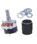 Five Pack 5K Ohm Rotary Potentiometer with Switch, knobs and washers, used for DIY electronics and audio gear projects.