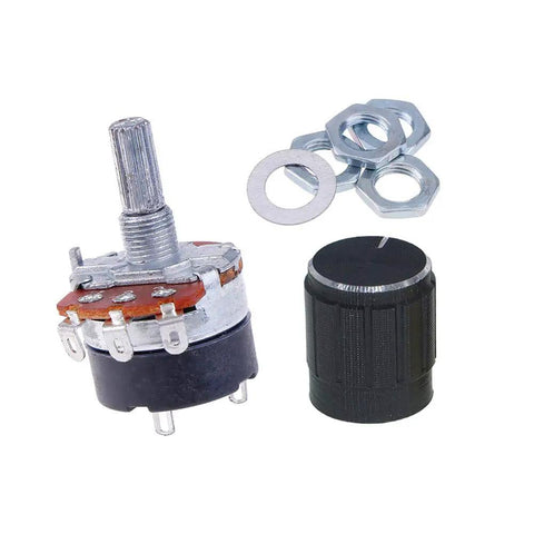Five Pack 5K Ohm Rotary Potentiometer with Switch, knobs and washers, used for DIY electronics and audio gear projects.