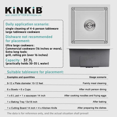 Undermount 18 Inch Bar And Prep Sink With Single Bowl, 18 Gauge T304 Stainless Steel features and capacity overview.