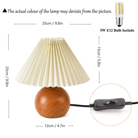 Cute Small Pleated Desk Lamp With Beige Shade, Modern Bedside Nightstand Light, Wood Pattern Metal Base, Fits E12 LED Bulbs