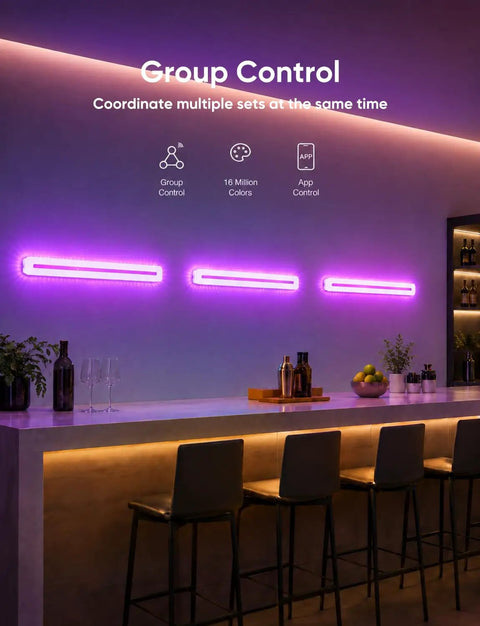 APPECK LED Wall Light 1 Pack, 15.8 Inch Plug in Wall Sconce RGBCW, Dimmable with purple ambient lighting over a bar counter.