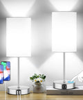 Set Of 2 Touch Control Table Lamps With 3 Way Dimming USB Ports And AC Outlet Brushed Nickel Bedside Lamps With White Shades