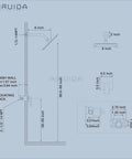 Technical diagram of Brushed Nickel Rain Shower System With 8 Inch Square Showerhead, dimensions and installation details shown.