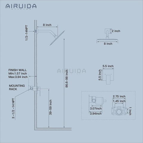 Technical diagram of Brushed Nickel Rain Shower System With 8 Inch Square Showerhead, dimensions and installation details shown.