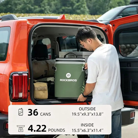 Leak Proof Insulated Backpack Cooler Holds 36 Cans Soft Side Waterproof Bag showcased in vehicle, perfect for road trips.