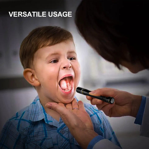 Doctor using IYP365 Nichia High CRI Pen Light for nurses and docs 125 lumen diffused output built for exams inspecting child's throat