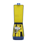 Dual Purpose Sheet Metal Cutter For Drill includes rotating blade nibbler tool and accessories in a blue case.
