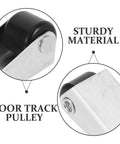 Top Shelf Heavy Duty Sliding Door Track Rollers With Silky Smooth Swivel Caster Wheels For Closet Cabinet Wardrobe Furniture Silent Zero Hassle Black Composite Four Piece Set close-up of sturdy door track pulley with black roller.