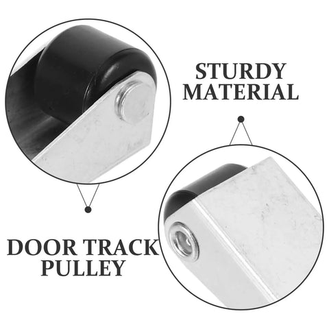 Top Shelf Heavy Duty Sliding Door Track Rollers With Silky Smooth Swivel Caster Wheels For Closet Cabinet Wardrobe Furniture Silent Zero Hassle Black Composite Four Piece Set close-up of sturdy door track pulley with black roller.
