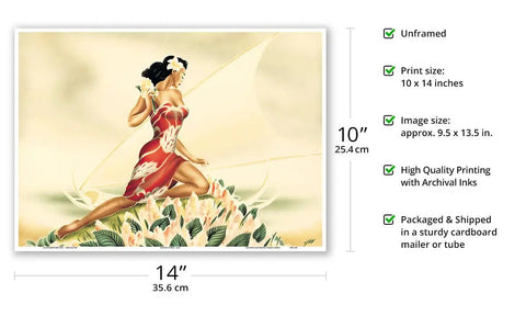 Wahine In Red Outrigger Canoe Vintage Hawaiian Airbrush Art Print From The 1930s Master Level Unframed 10x14 Wall Decor