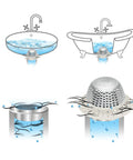 Universal Shower Drain Cover With Slim Hair Catcher And Raised Dome To Snag Strands Soap Chips And Sink Gunk While Keeping Water Flowing Smooth For Easy Rinse And No Sweat Drain Care On Standard Or Pop Up Drains Light Gray image showing water flow and hair blockage scenarios.