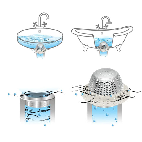 Universal Shower Drain Cover With Slim Hair Catcher And Raised Dome To Snag Strands Soap Chips And Sink Gunk While Keeping Water Flowing Smooth For Easy Rinse And No Sweat Drain Care On Standard Or Pop Up Drains Light Gray image showing water flow and hair blockage scenarios.