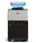 Limited Edition Top Loading Countertop Water Cooler Dispenser With On Demand Hot Cold And Room Temperature Water Tri Temp UL And Energy Star Approved Stainless Steel Reservoirs Kid Safe Lock, front view with water jug on top.