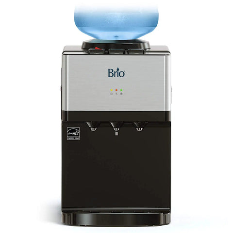 Limited Edition Top Loading Countertop Water Cooler Dispenser With On Demand Hot Cold And Room Temperature Water Tri Temp UL And Energy Star Approved Stainless Steel Reservoirs Kid Safe Lock, front view with water jug on top.
