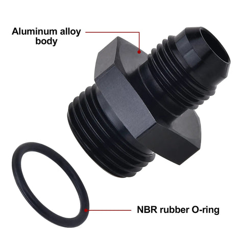 6AN Flare To AN8 ORB Male Fitting Adapter Dual Pack In Aluminum 6061-T6, 9/16-18 UNF To 3/4-16 UNF With O-Ring Seal, High-Performance AN Line Adapter For Car Enthusiasts And Tuner Projects.