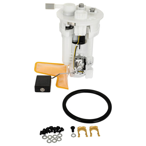 Fuel Pump Assembly For Pontiac Vibe Base And GT 1.8L L4 2003-2004 And Toyota Corolla CE LE S 1.8L 2003-2004 Drop In Ready Direct Replacement Replaces OE SP9164M OE Grade Fuel Pump Module For Vibe And Corolla shown with installation parts on white background.