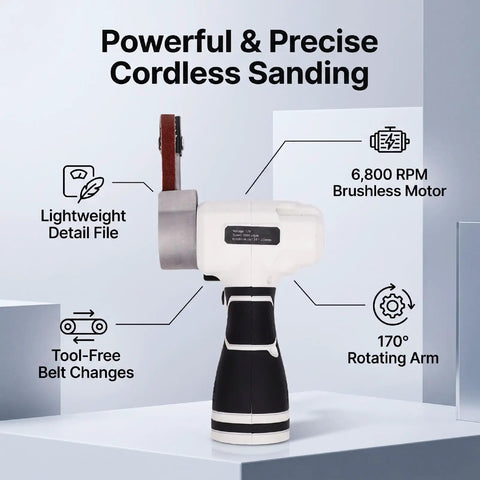 NoSweat 12V Cordless Detail Belt Sander, Brushless Motor with adjustable flex head for precise sanding and polishing.