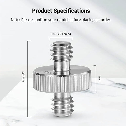 Close-up of Dual Head 1/4-20 Male Screw Adapter in stainless steel, showing product dimensions for camera cage and tripod setups.