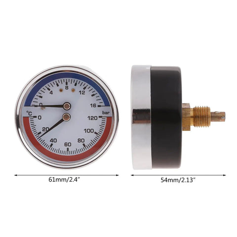 Front and side view of No Nonsense Liquid Filled Pressure And Temperature Gauge For Boilers And Heating Systems, Thermo Manometer With One Quarter Inch NPT