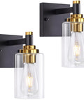 Two Pack Black and Gold Wall Sconces With Glass Shade Modern Rustic Brass Bathroom Wall Lighting For Bedroom Hallway Kitchen Living Room Dimmable With E26 Base 60W Max LED Compatible Bulbs Not Included, showcasing black base and clear glass design.