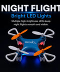 Beginner Friendly Mini Drone for Easy Carry and Stable Hover with LED lights for night flights, showcasing blue and orange design.