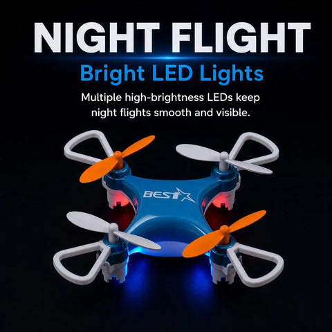 Beginner Friendly Mini Drone for Easy Carry and Stable Hover with LED lights for night flights, showcasing blue and orange design.